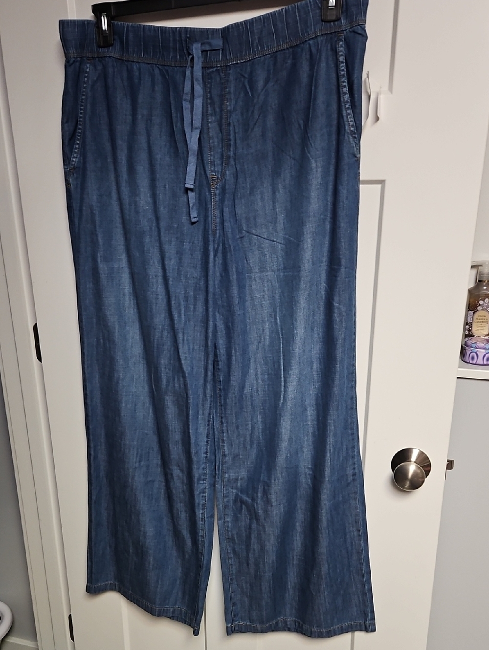 Wide Leg Drawstring Denim Pants - Blue
